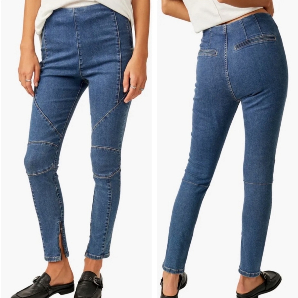 New Free People We The Free Bella Moto Skinny High Waist Blue Jeans Size 25